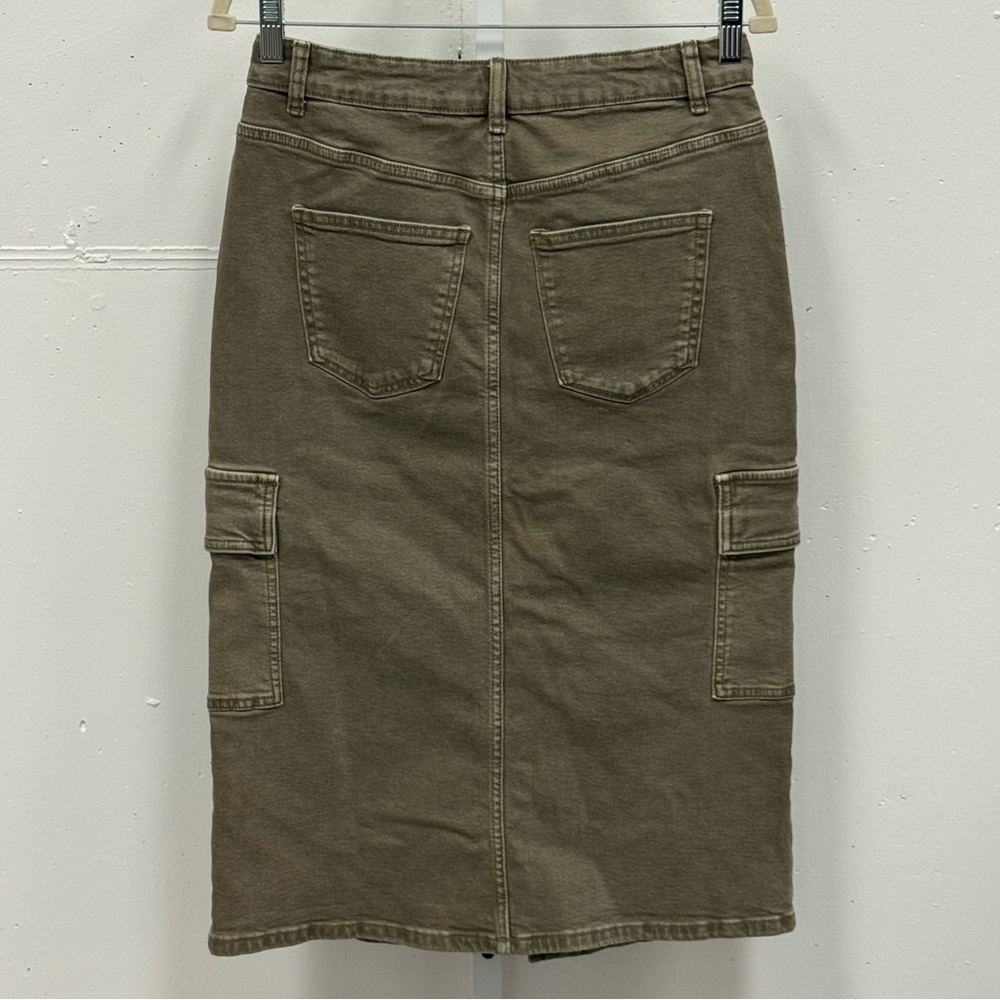Michael Kors Cargo Style Front Slit Midi Calf Length Skirt Stretch Sz 4 Olive Gr - Picture 2 of 14